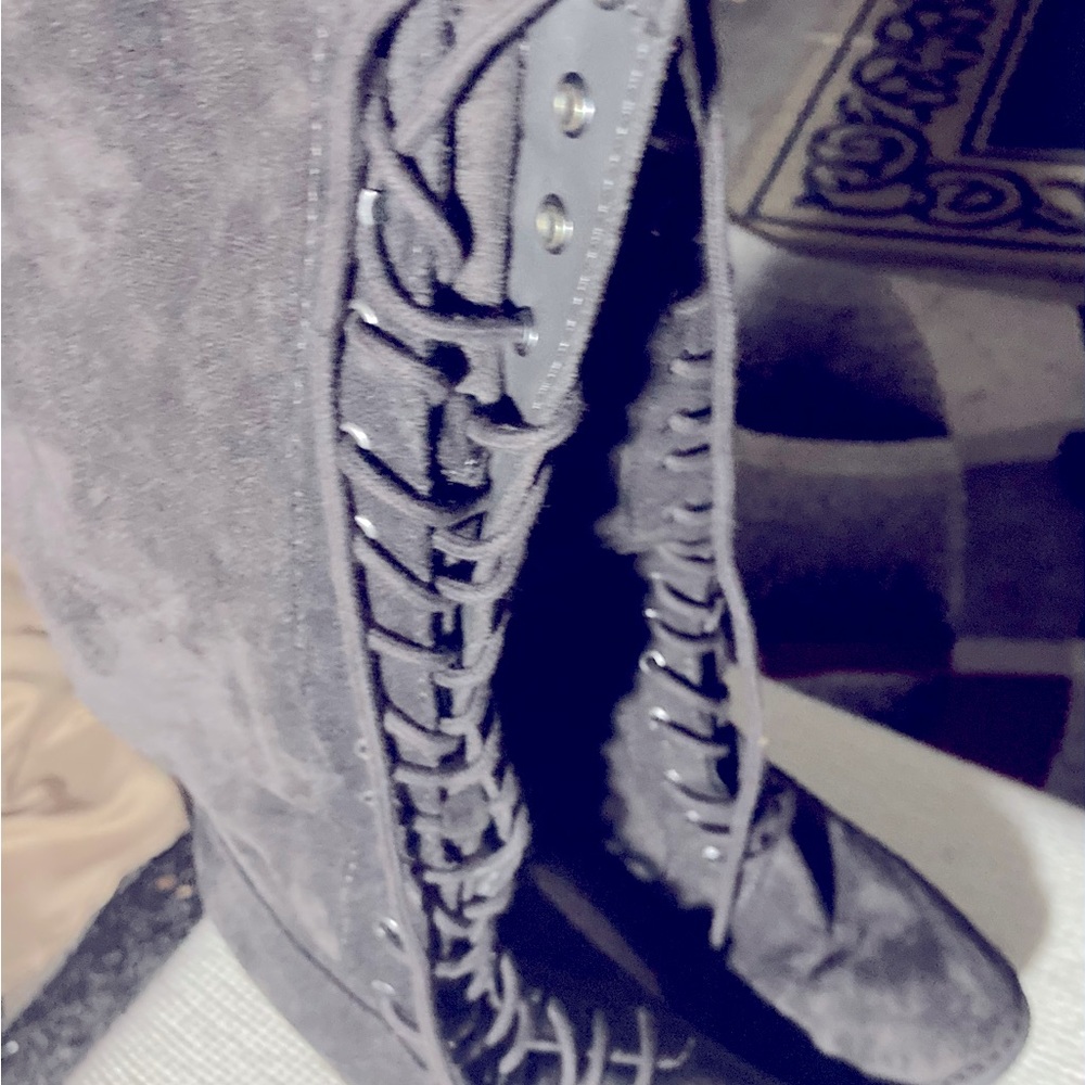Knee high suede front boots, 3” wide heels, size 9